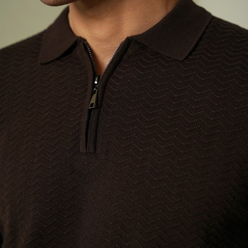 RIPPLE-KNIT POLO SWEATER