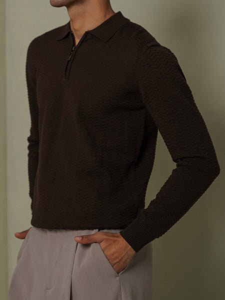 RIPPLE-KNIT POLO SWEATER