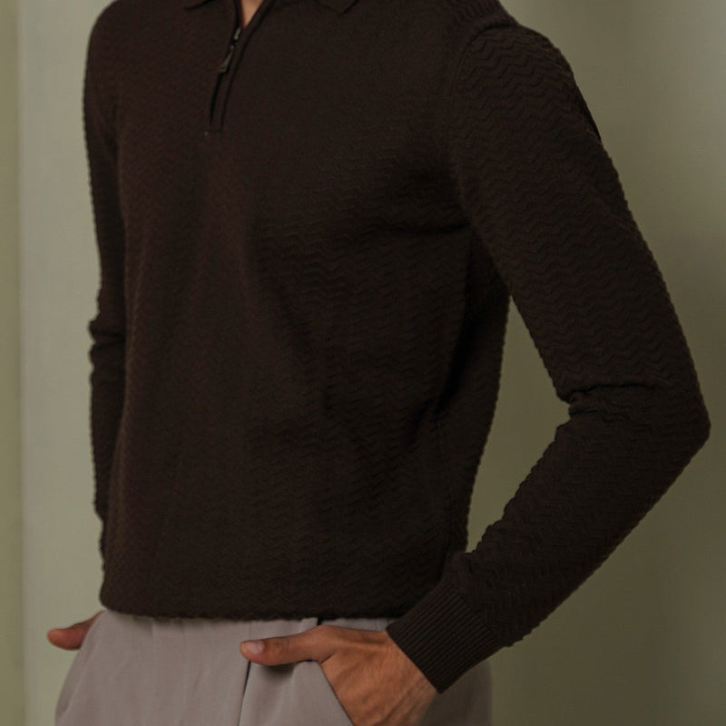 RIPPLE-KNIT POLO SWEATER